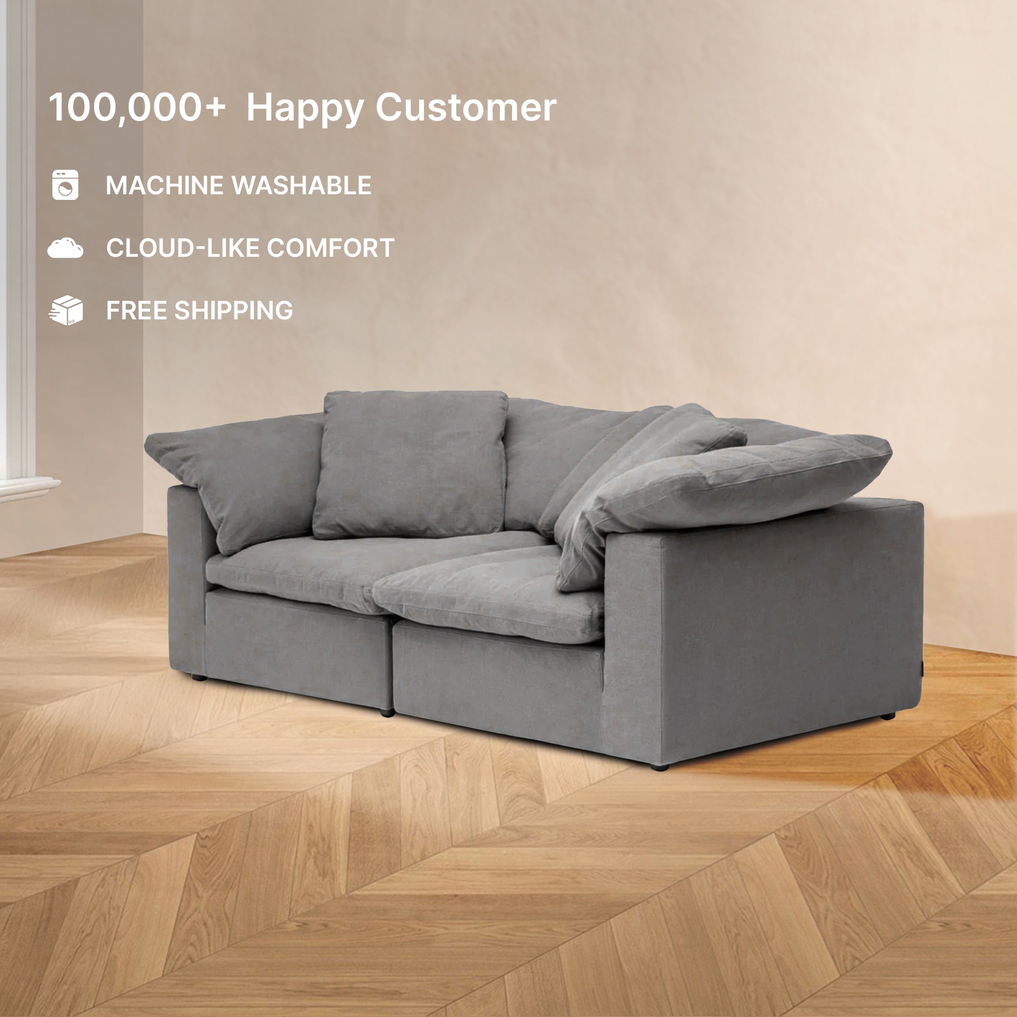 Experience the HavenlyCloud® Modular 2-Seater Couch in Gray, featuring machine-washable, removable covers. Enjoy cloud-like comfort and free shipping with the modular Clouds collection, just like over 100,000 happy customers already have. Perfect for any wooden floor setting.