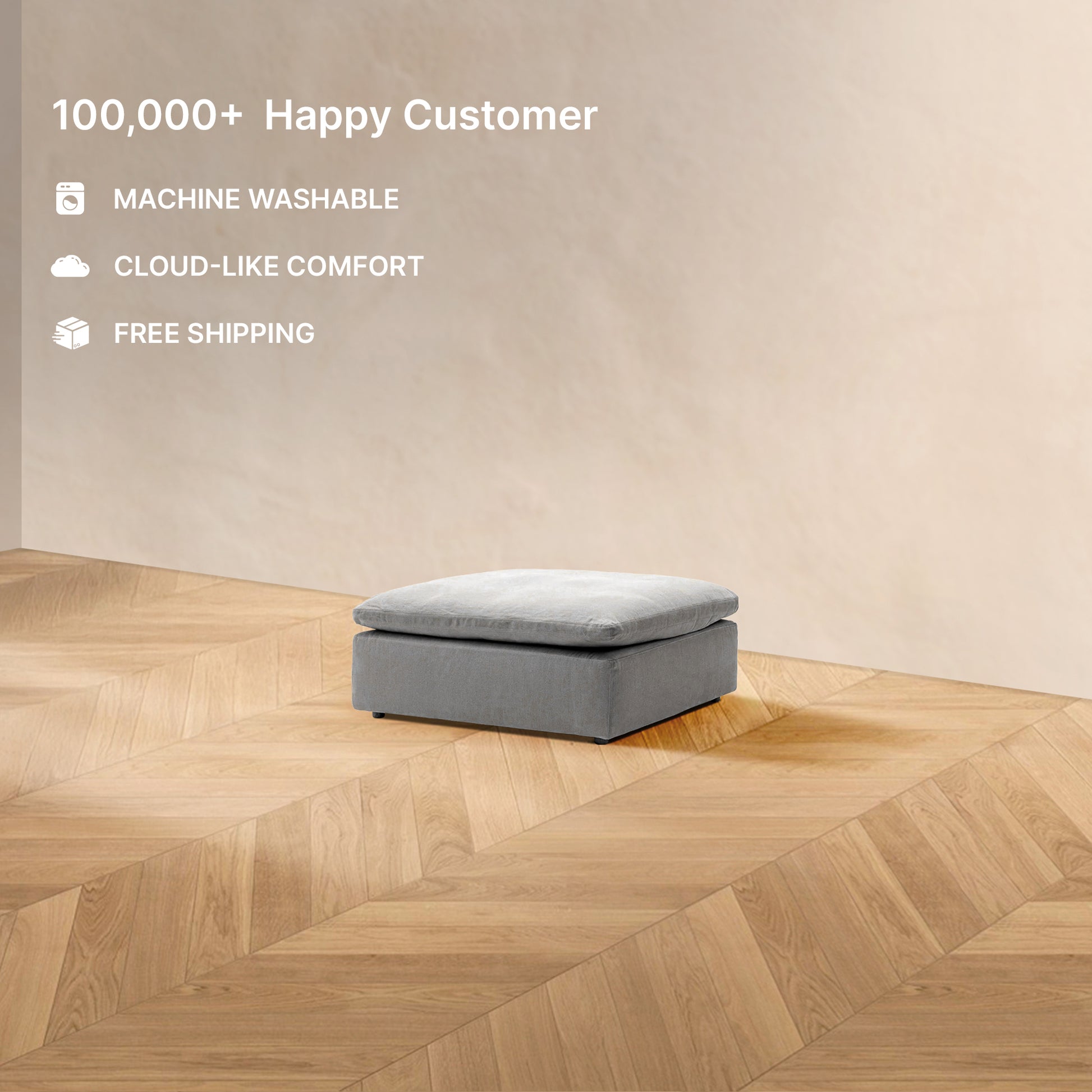 The HavenlyCloud® Couch Ottoman in Gray, with removable fabric covers designed for cloud-like comfort, sits elegantly on a wooden floor. Enjoy free shipping and join over 100,000 happy customers who love its performance fabric.