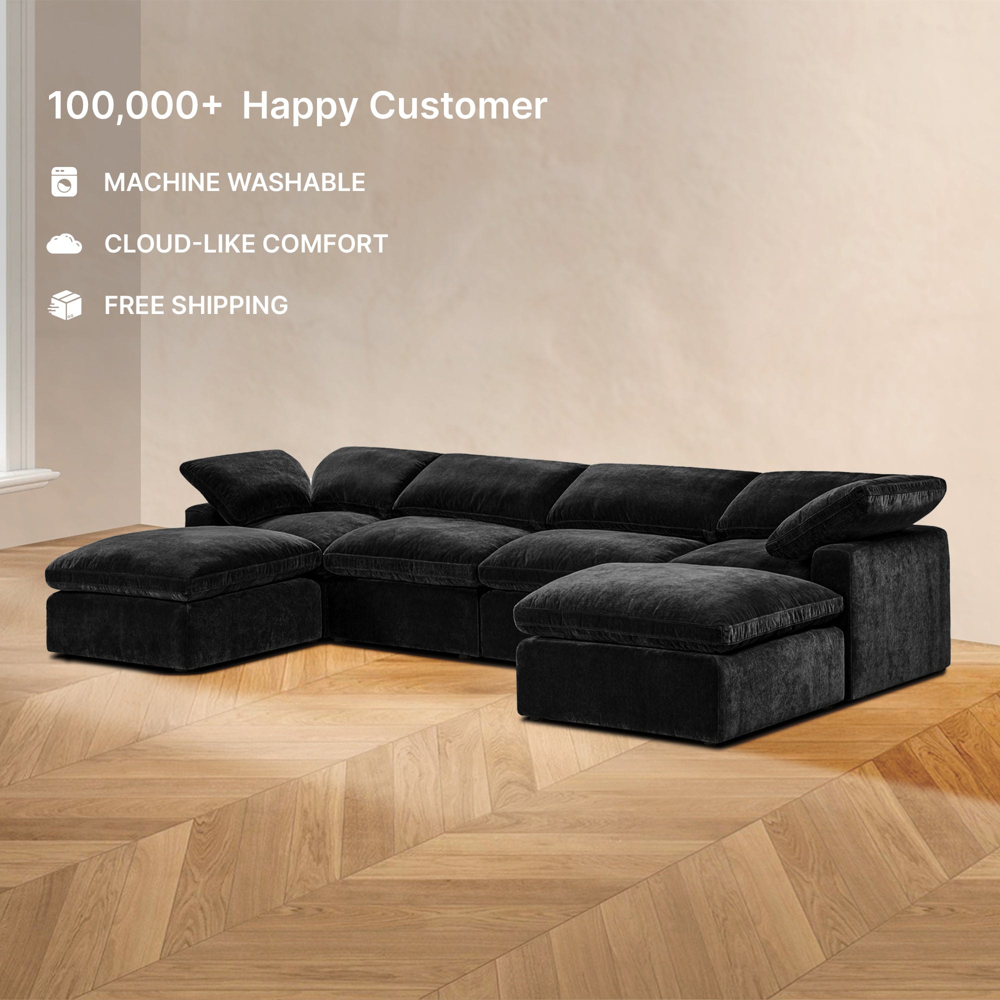 HavenlyCloud® 4-Seater U-Sectional Couch in Black | Performance Fabric